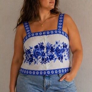 Lands' End Blue White Floral Tank Top 1X Coastal Cottagecore Summer